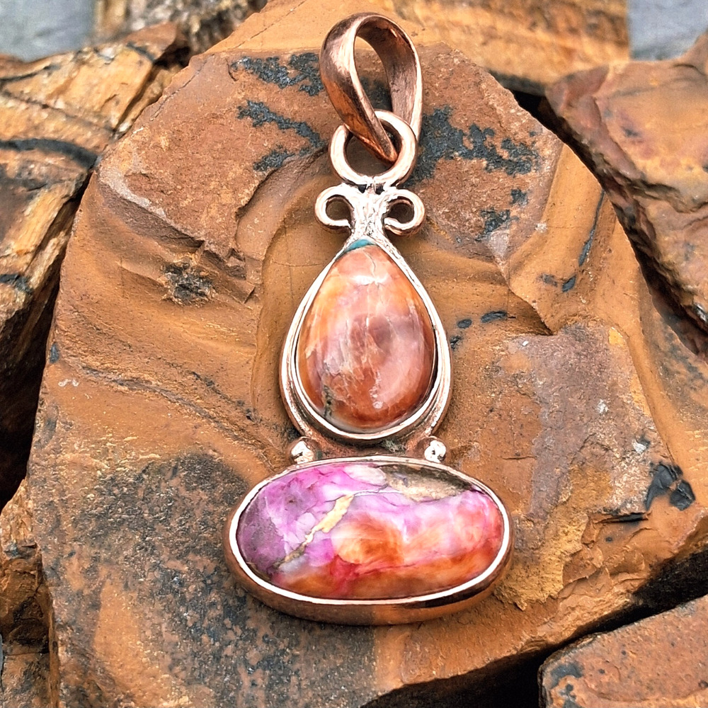 Southwestern Spiny Oyster Shell & Pink Composite Stone Pendant Copper Boho